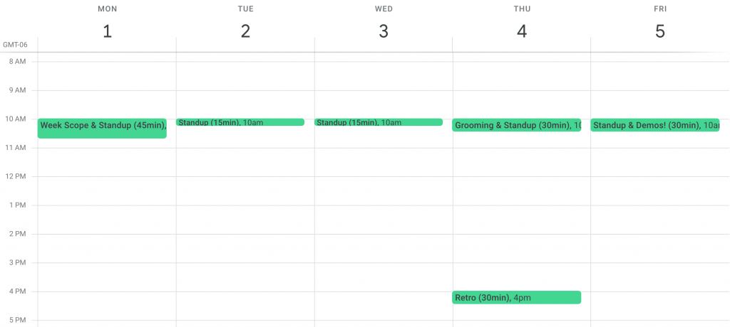 A week calendar view showing the meetings on each day including standups, grooming, retros, and demos. There are only 6 meetings displayed in total. Standups shown every day at 10am, three of which are longer in length because they include Scope, grooming, and demos. Retro remains it's own meeting. 